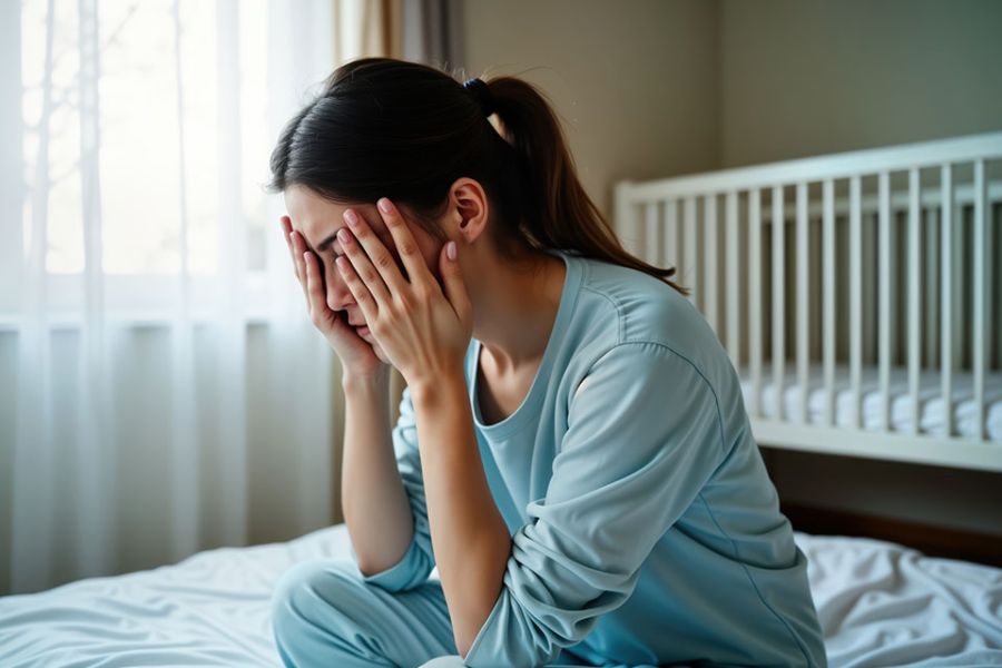 Foto: Frau sitzt auf Bett mit Händen vorm Gesicht